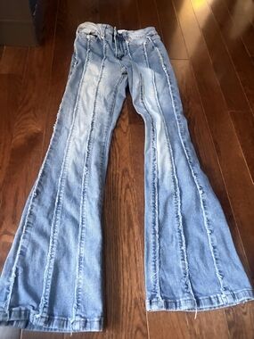Light Blue Raw-Panel Wide Leg Jeans